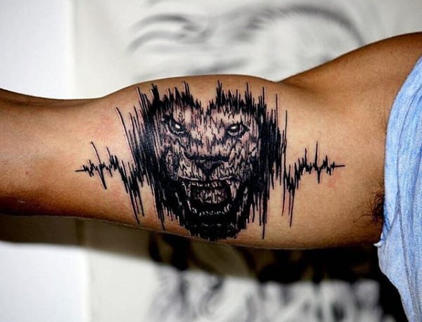 Lion Roaring Soundwave Mens Bicep Tattoo