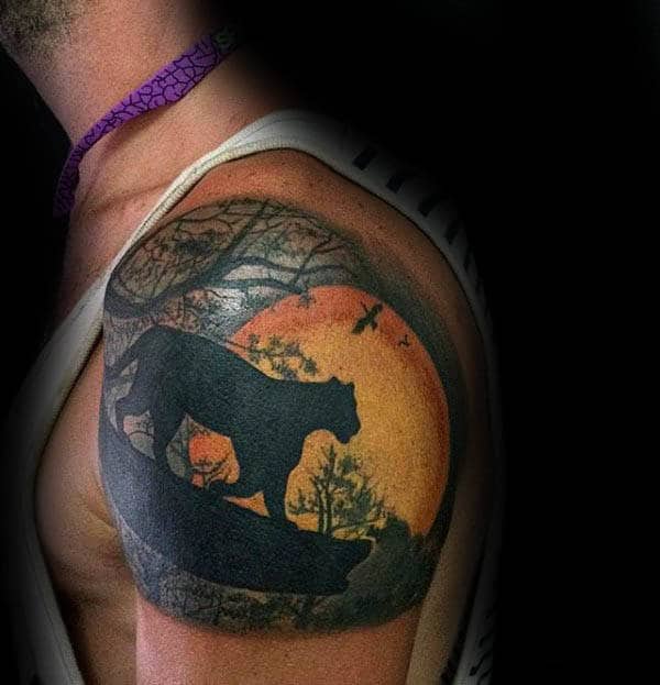 Lion Silhouette Sun Mens Quarter Sleeve Tattoo