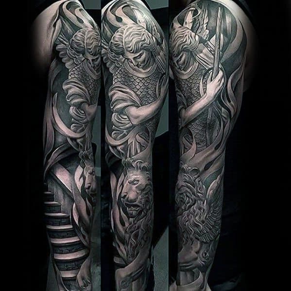 Lion Statue Guys Tattoos Full Arm Sleeve