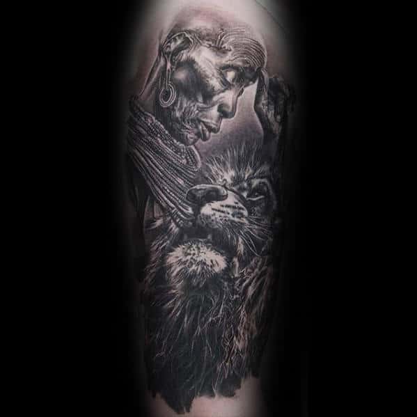 Lion With African Mens Forearm Sleeve Tattoo