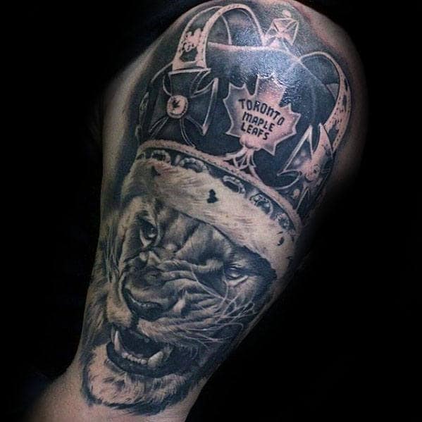Lion With Crown Male Arm Realistic Tattoo Design Ideas