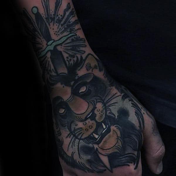 Lion With Dagger Mens Creative Neo Traditional Hand Tattoo Designs