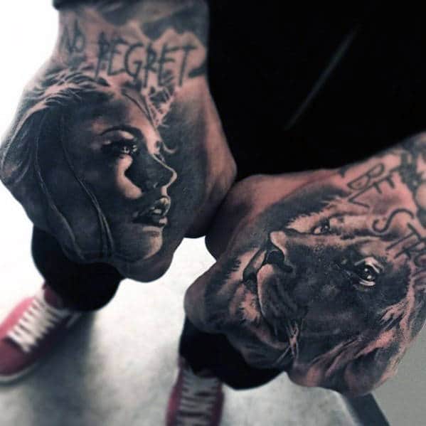 Lion With Female Portrait Male Hand Tattoos