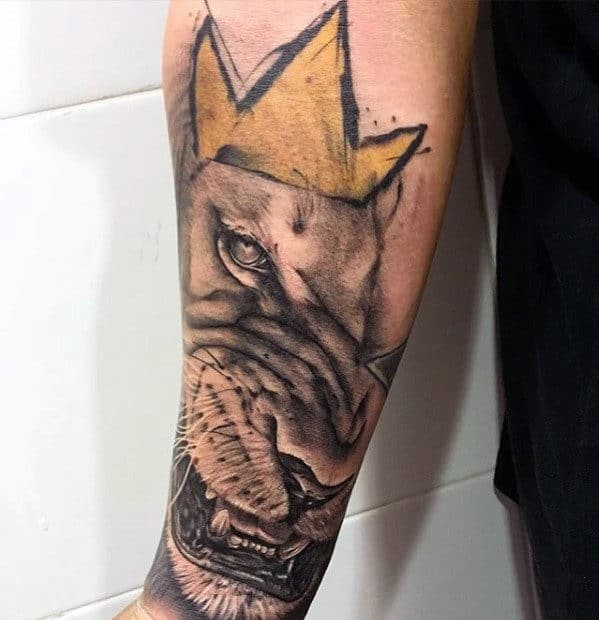 Lion With Gold Crown Guys Sketched Watercolor Forearm Tattoos