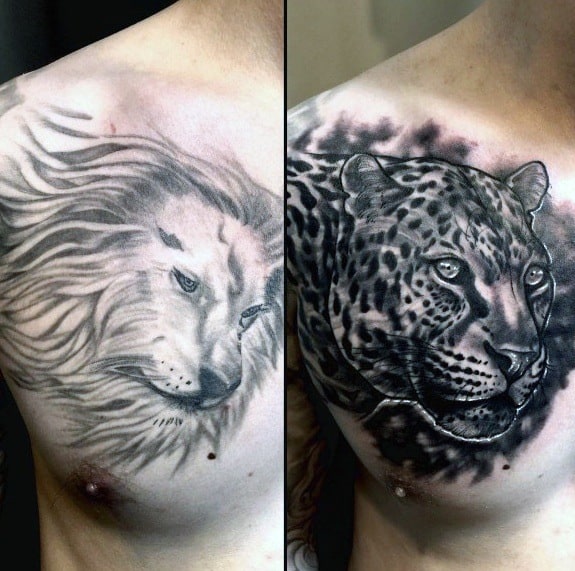 Lion With Jaguar Cover Up Male Chest Tattoos