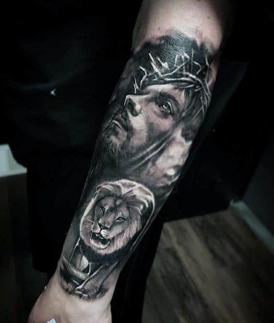 Lion With Jesus Portrait Unique Forearm Mens Tattoos