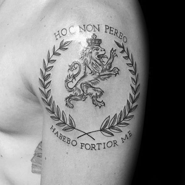Lion With Laurel Wreath And Latin Quote Upper Arm Male Tattoo Designs