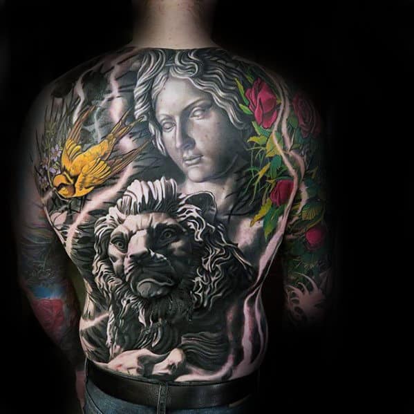 Lion With Portrait Guys Badass Back Tattoo