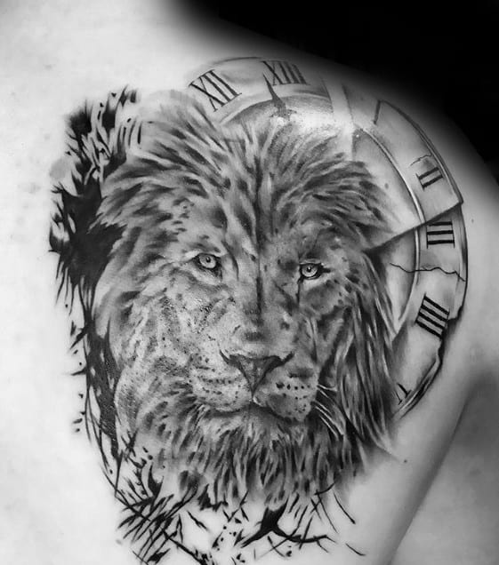 Lion With Roman Numeral Clock Guys Shoulder Tattoos