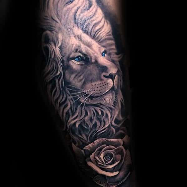 Lion With Rose Flower Guys Leg Sleeve Tattoo Designs
