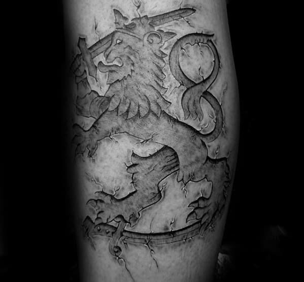 Lion With Sword Guys 3d Leg Calf Tattoo