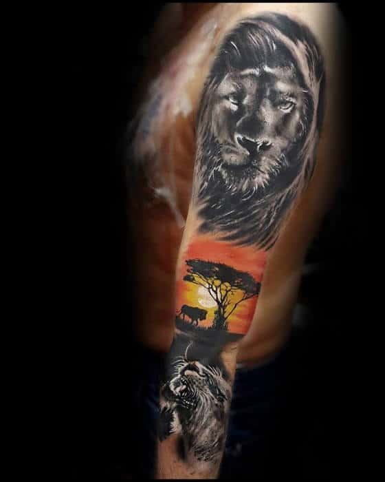 Lions With Sunset Africa Safari Guys Arm Sleeve Tattoo