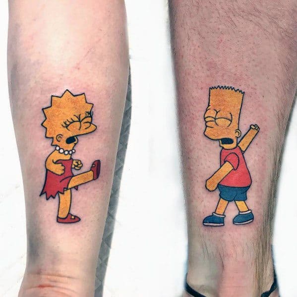 Matching tattoos of Lisa kicking and Bart reacting in pain, creating a playful and dynamic Simpsons-inspired design on separate legs.