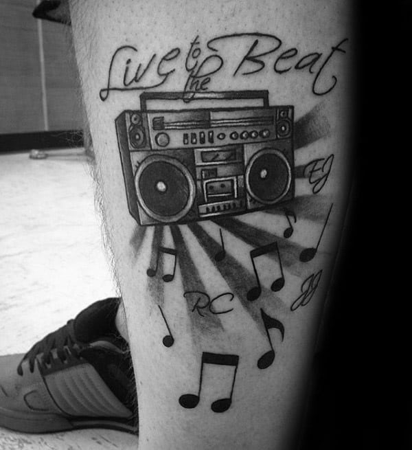 Live To The Beat Boombox Music Notes Lower Leg Tattoos For Men