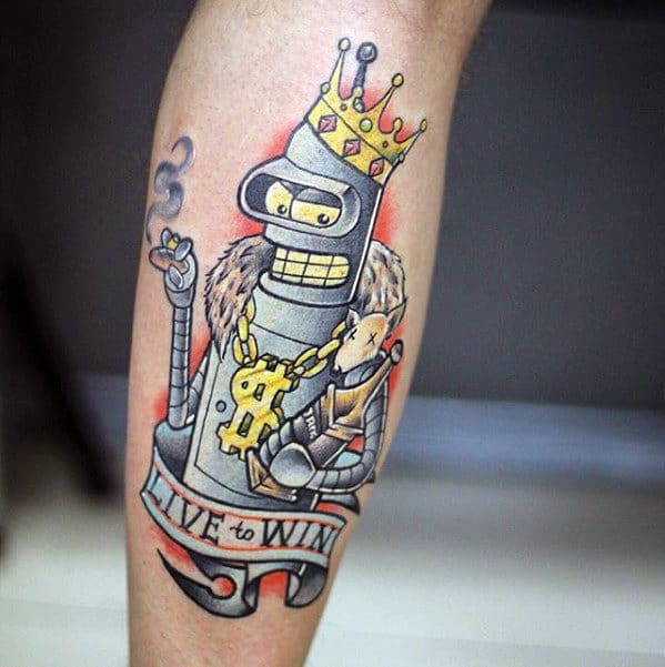 Live To Win Banner With Royal Bender Guys Futurama Leg Tattoo