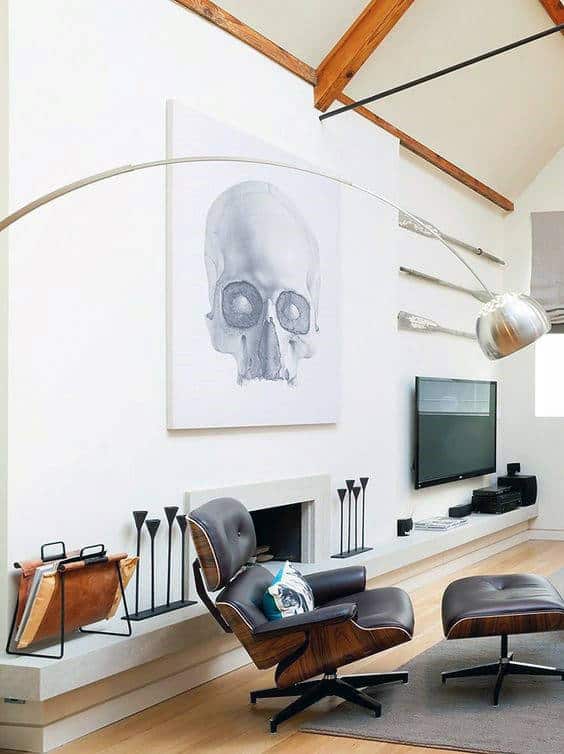 canvas skull artwork modern living room eames chair fireplace  