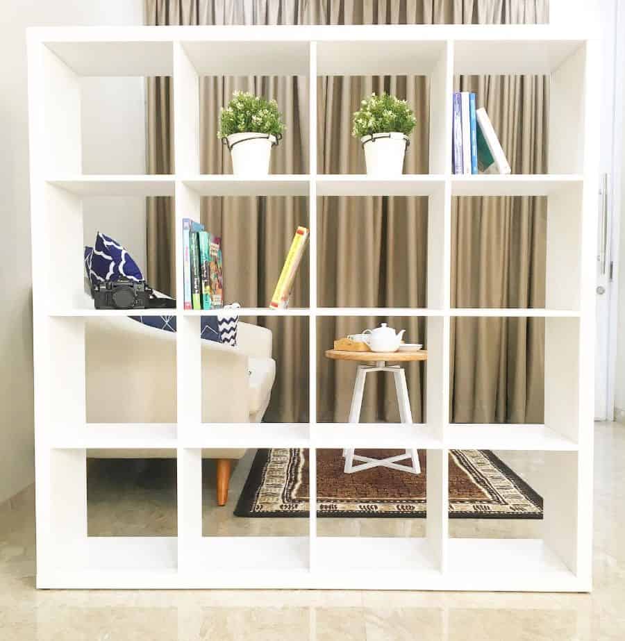 white bookcase living room divider