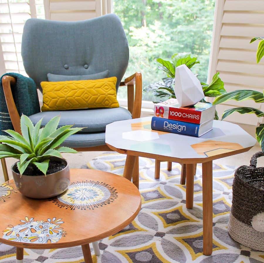 vintage living room with colorful pattern coffee tables 
