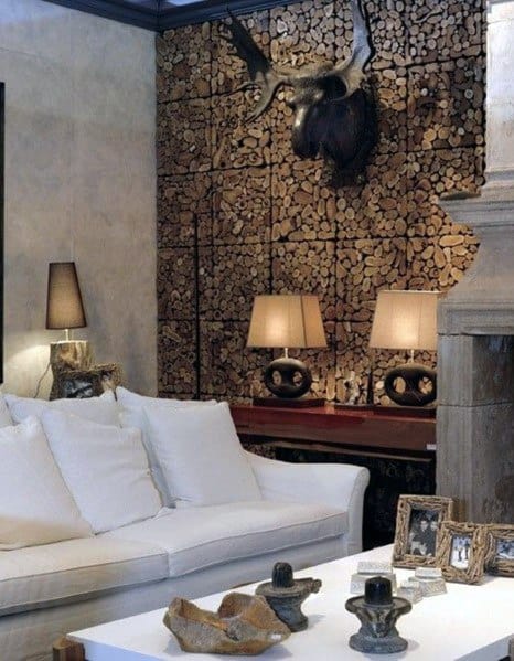 Living Room Log Pattern Wood Wall Ideas