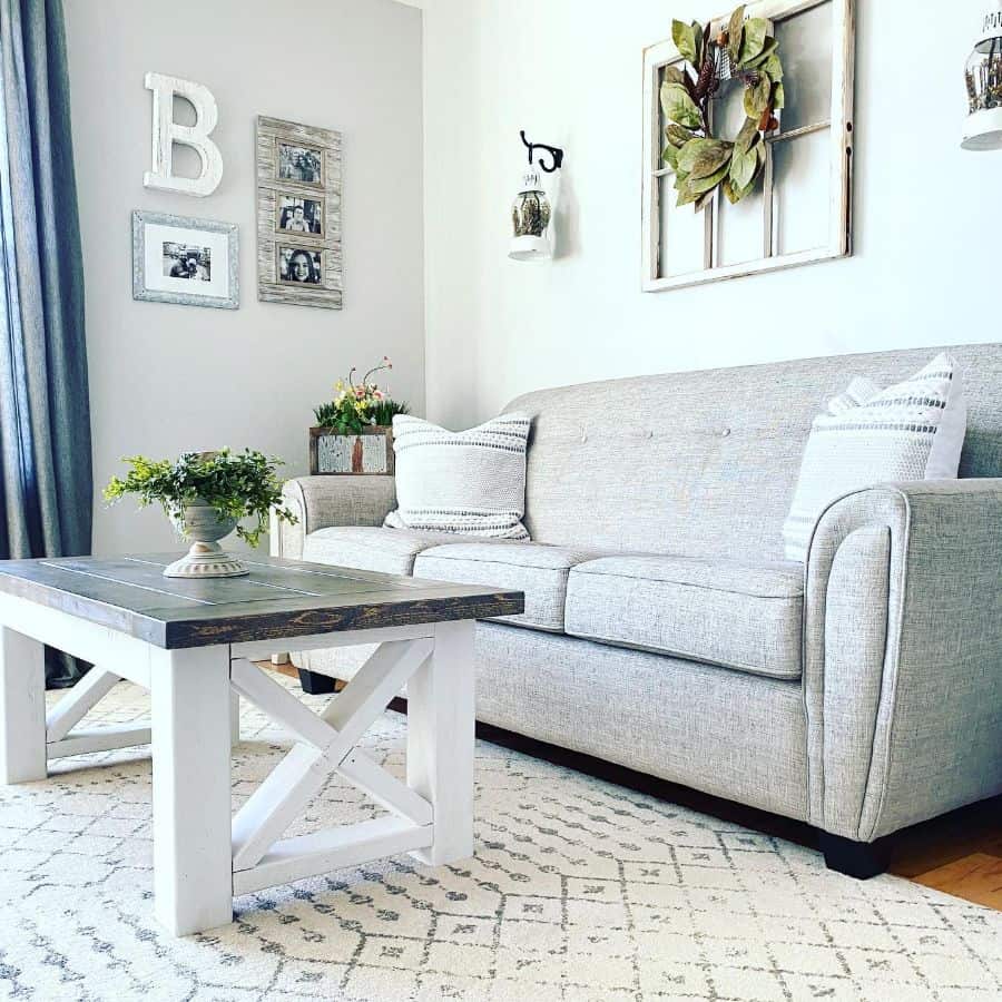 gray sofa in farmhouse style living room