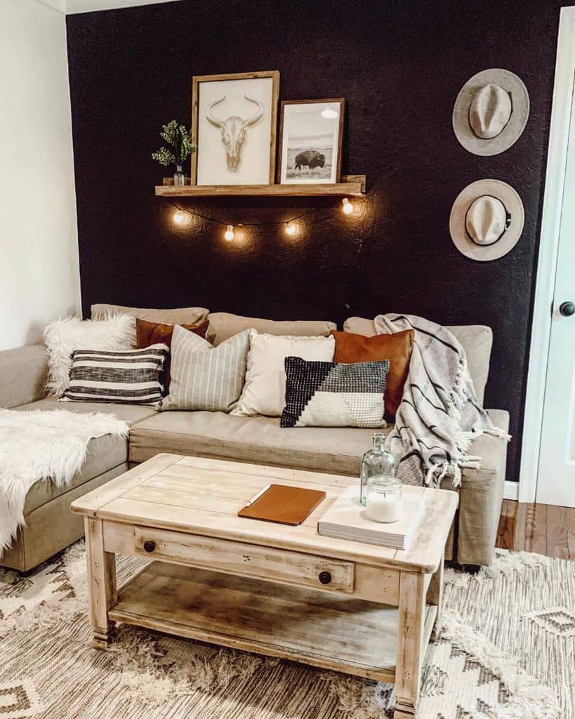 black accent wall farmhouse living room