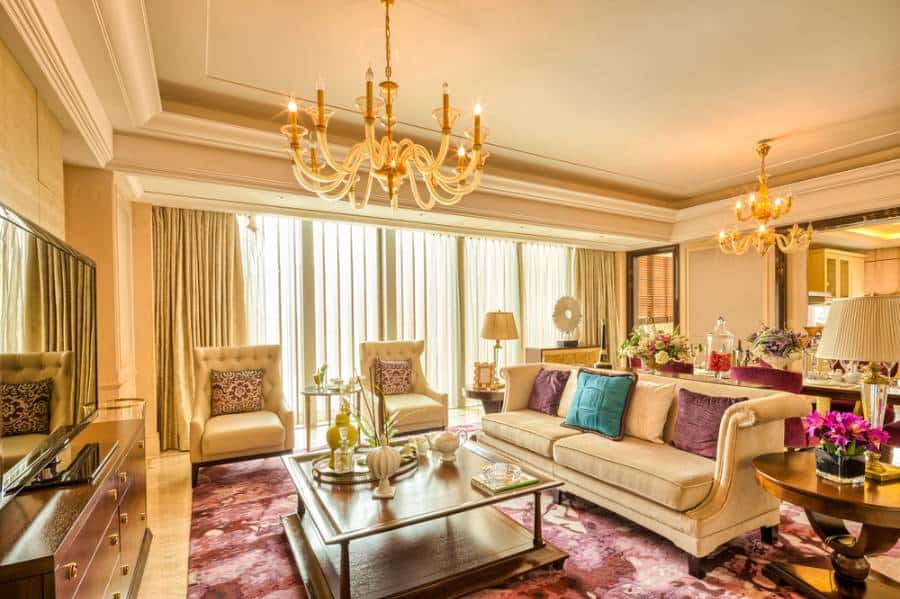 deluxe french country living room sofa and lounge chairs chandeliers