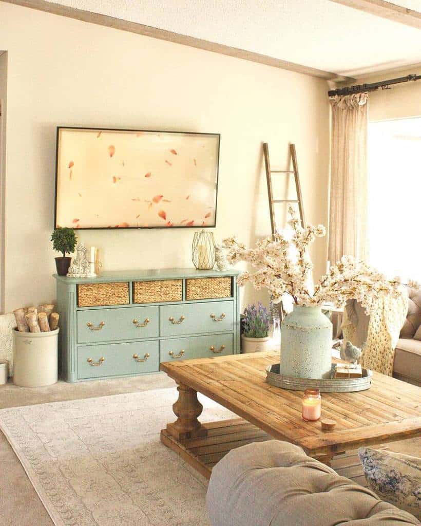country style living room blue cabinets ladder decoration wood coffee table 