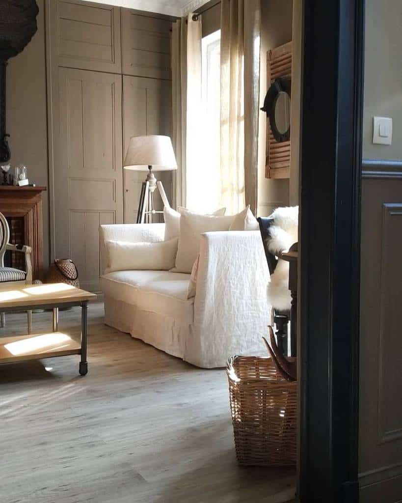 french country decor ideas white sofa vinyl wood flooring white floor lamp