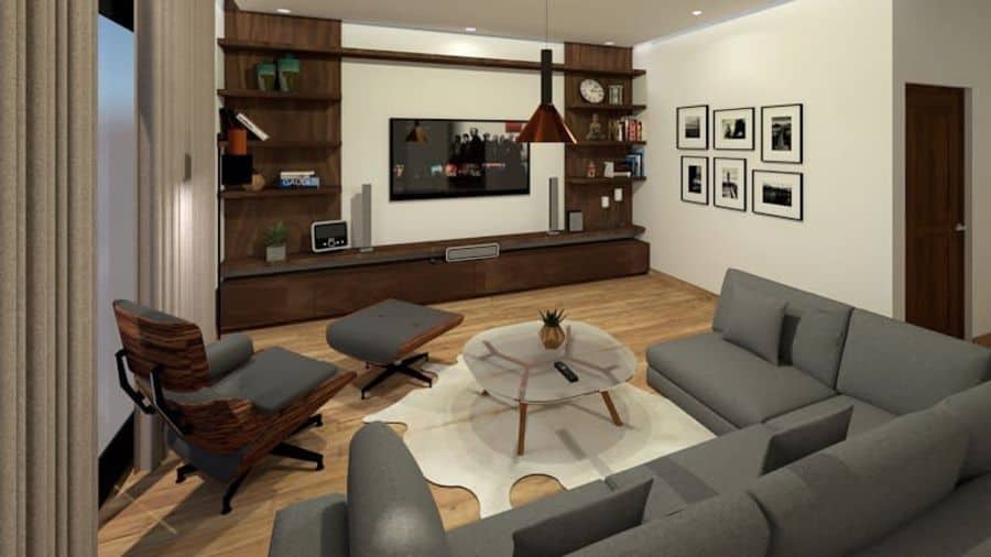 retro living room with gray sofa and eames chair 