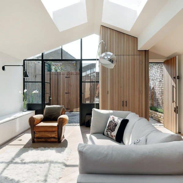 Living Room Vaulted Ceiling Ideas With Double Skylights