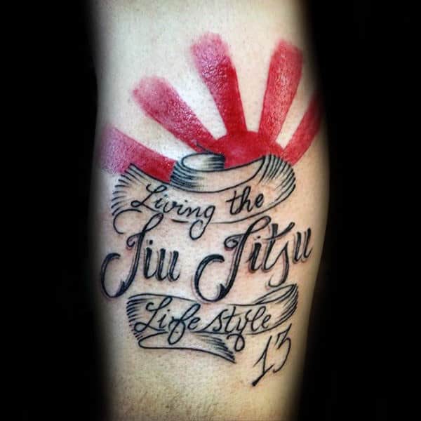 Living The Jiu Jitsu Lifestyle Mens Banner Tattoo With Rising Sun Design