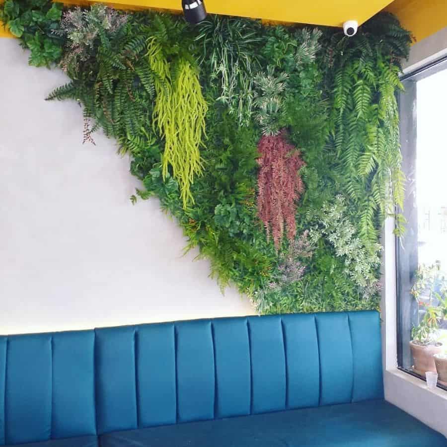 living wall vertical garden blue sofa