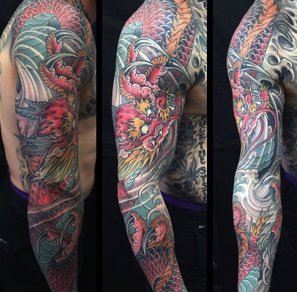 Loathful Dragon Fight Tattoo Male Sleeves