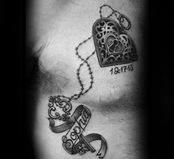 Lock Keyhole With Key Mens Rib Cage Side Tattoos