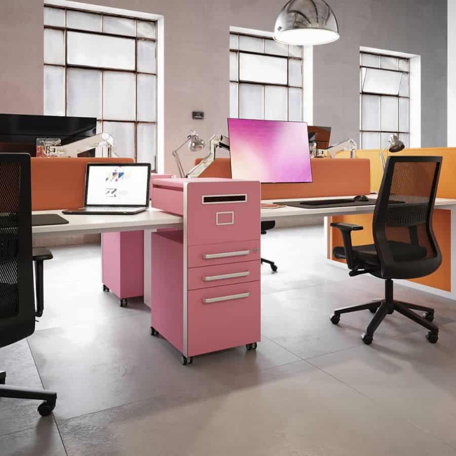 pink office storage draws open plan office shared workspace