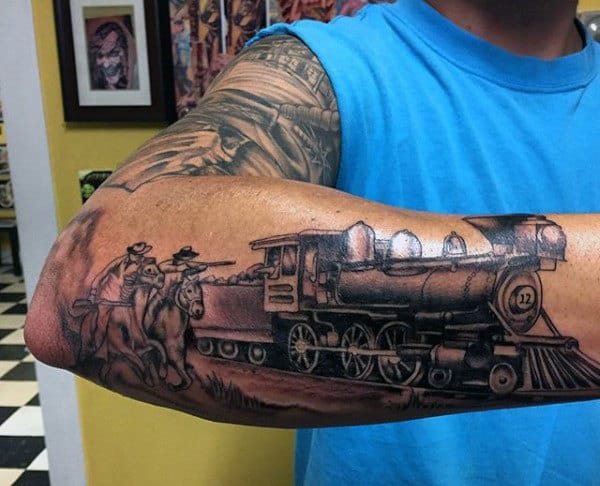 Locomotive Train Tattoos For Men Across Outer Forearm