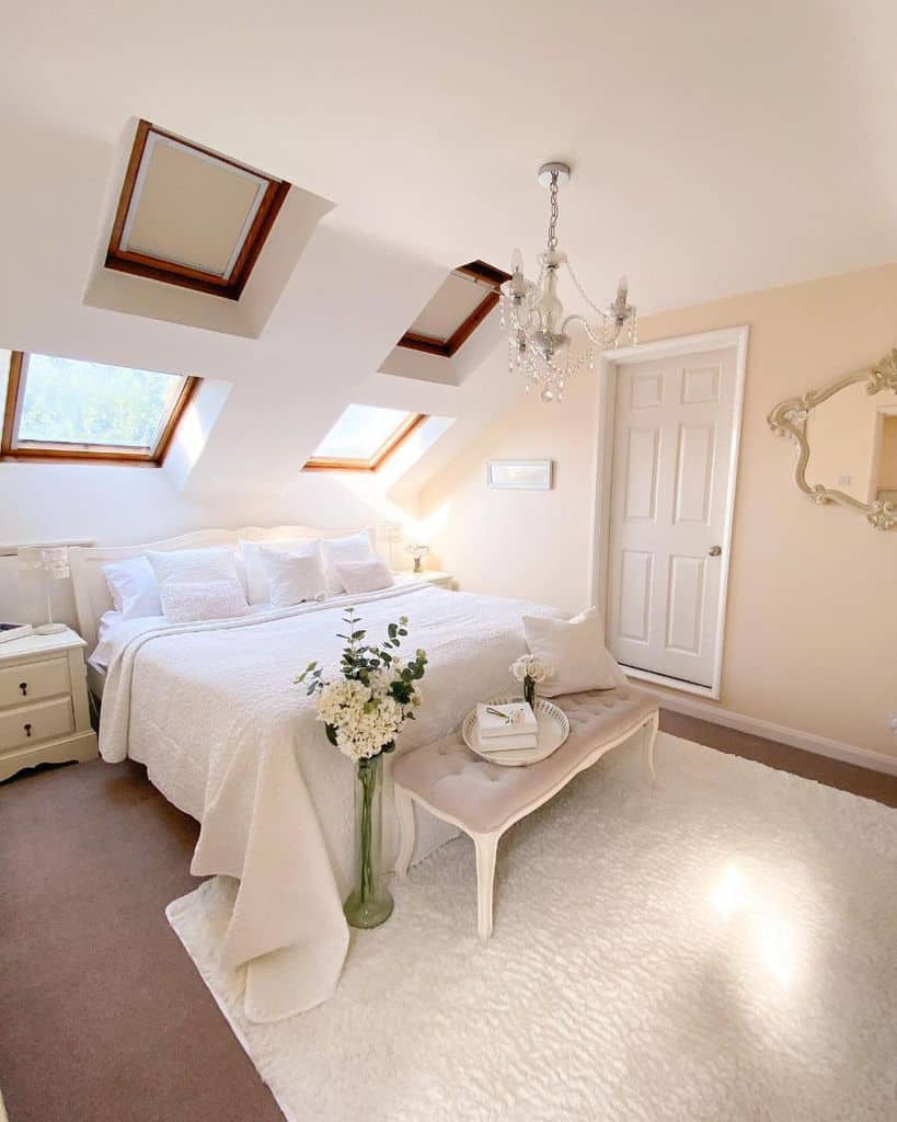 white farmhouse attic bedroom with skylights