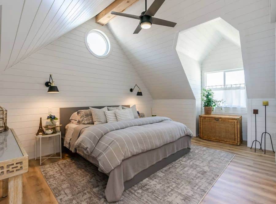 white shiplap wall small master bedroom attic