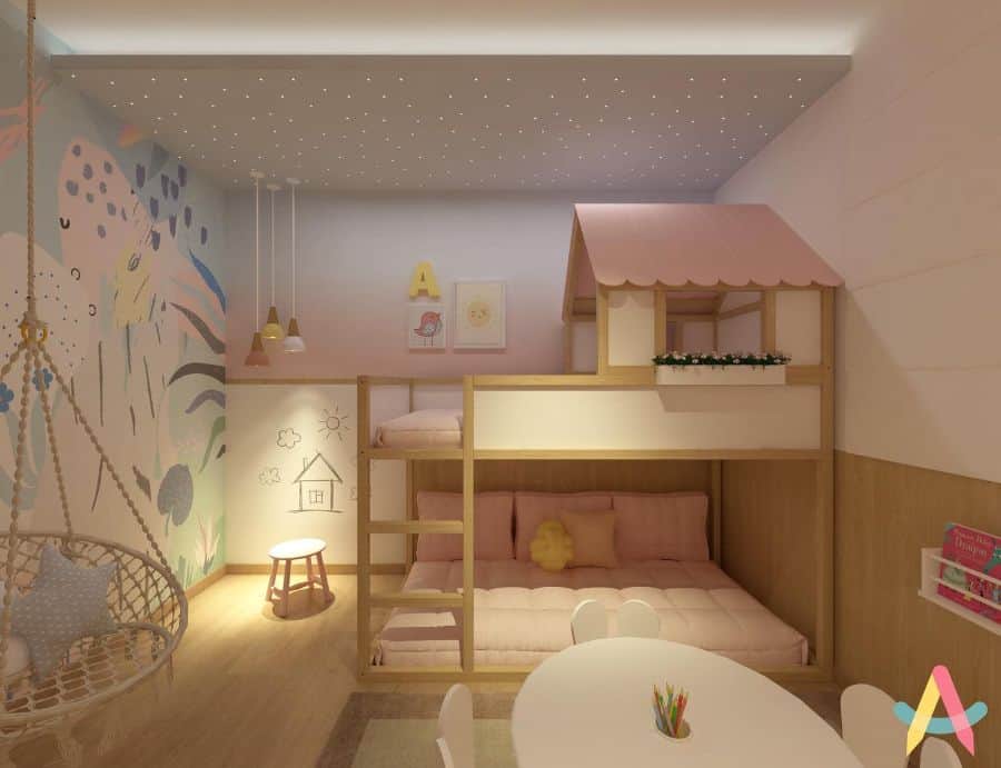 bunk bed girls room wall mural white table and chairs hanging seat