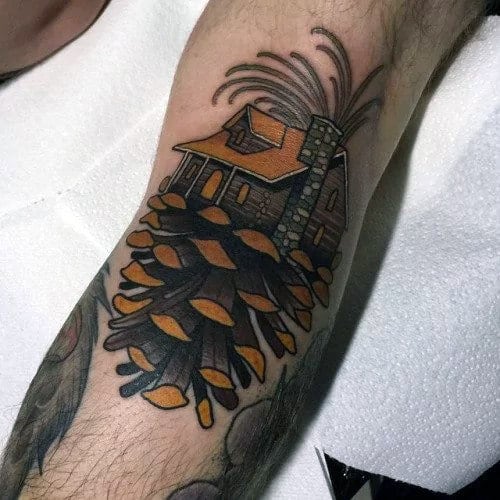 Log Cabin With Pine Cone Mens Leg Tattoos