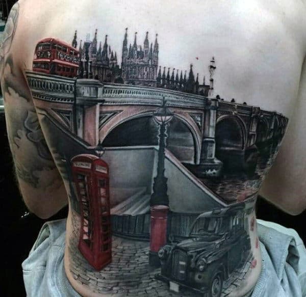 London Building Mens Full Back Tattoos