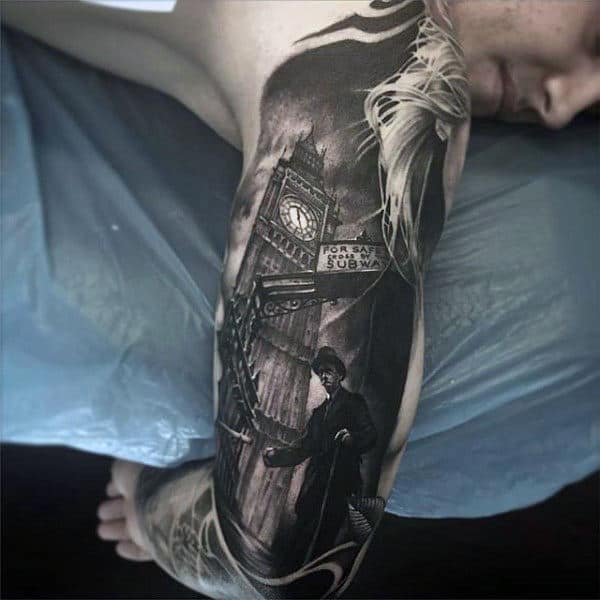 London Tower Clock Black Ink Mens Arm Tattoo With Realistic Design
