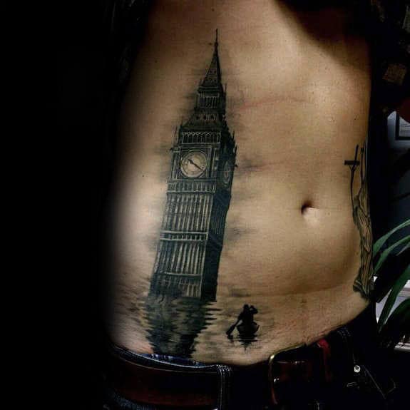 London Tower Under Water Male Building Stomach Tattoos