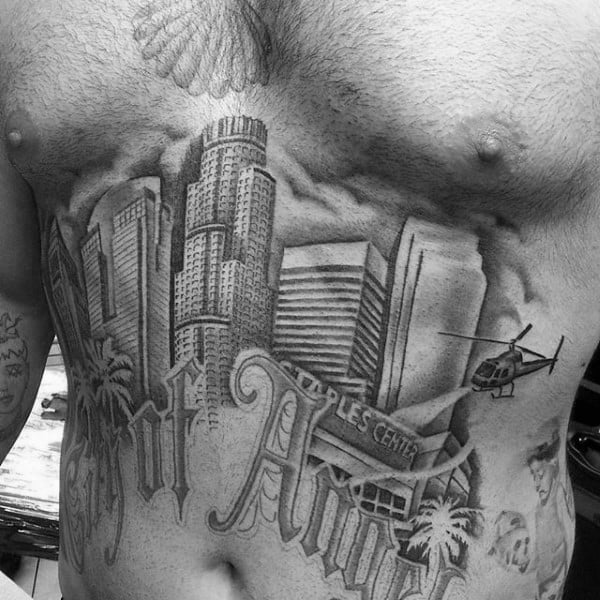 Los Angeles Skylien Mens Building Stomach Tattoos
