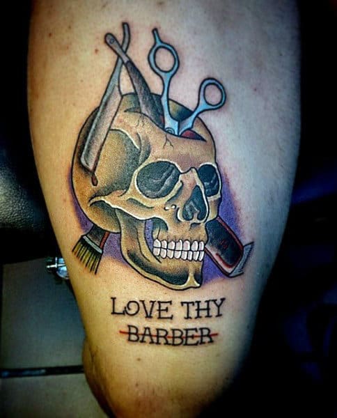 Love Thy Barber Skull Tattoo For Men On Thigh