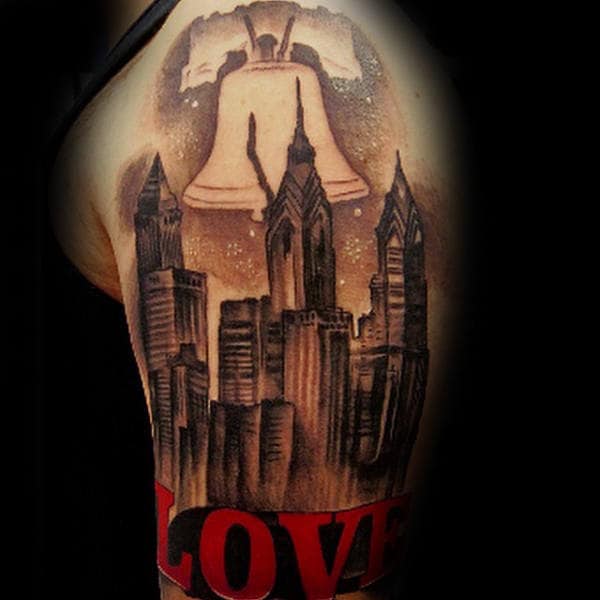Love With Liberty Bell And Philadelphia Skyline Mens Half Sleeve Tattoo
