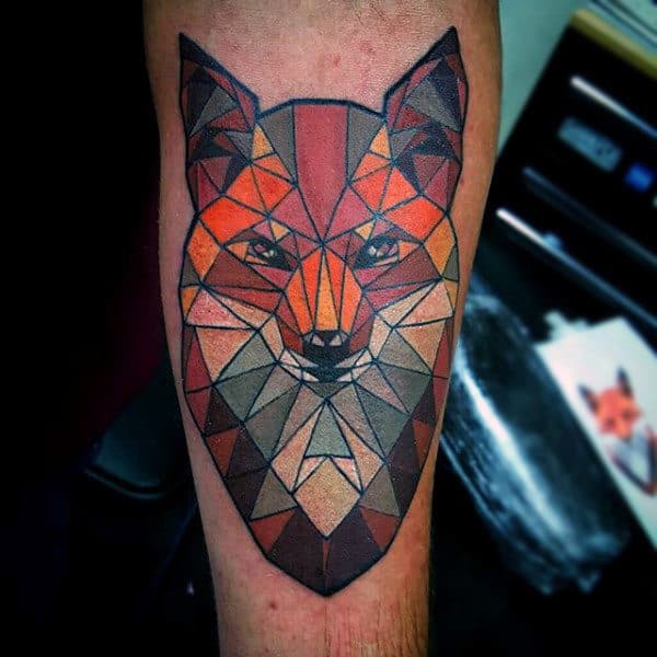 Lovely Colored Geometric Fox Tattoo On Males Neck