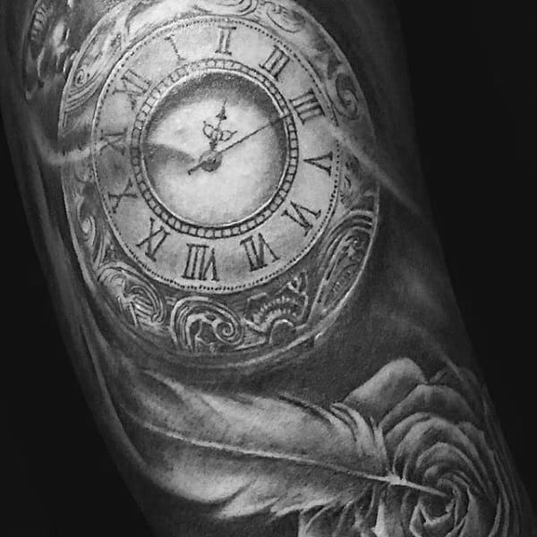 Lovely Feather With Clock And Rose Tattoo On Arms For Men