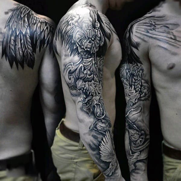 Lovely Feathered Grey And White Warrior Tattoo Male Sleeves