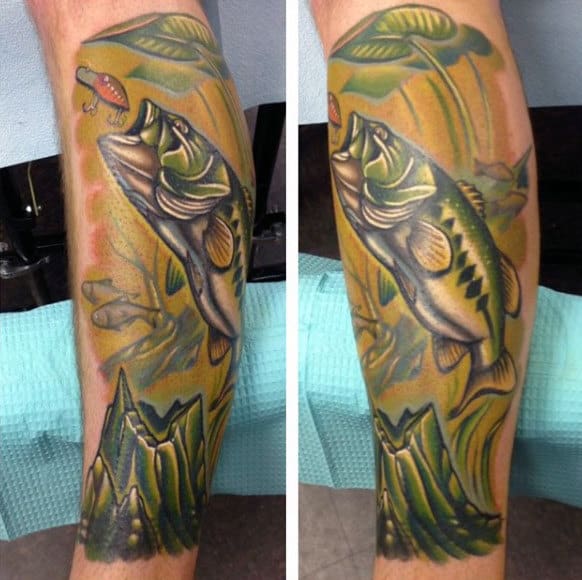 Lovely Green Calf Tattoo Of Man Fishing Bass